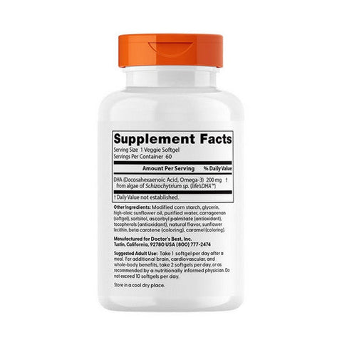 Doctors Best, Vegan DHA From Algae With Life's DHA, 200 Mg, 60 Veggie Softgels Doctors Best