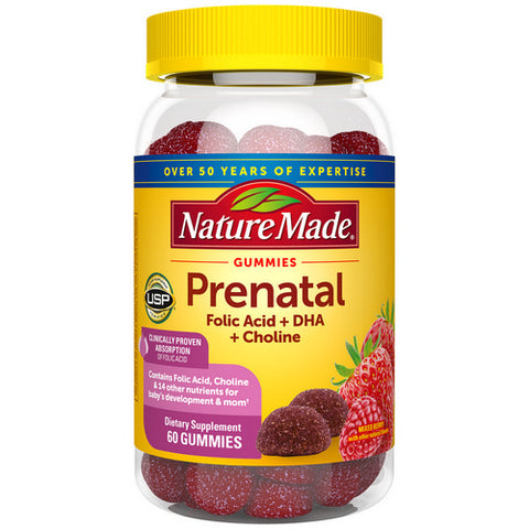Prenatal Gummies DHA Folic Acid Choline Prenatal Vitamins Plus Minerals Supplement 60 Count (Case Of 3) by Nature Made