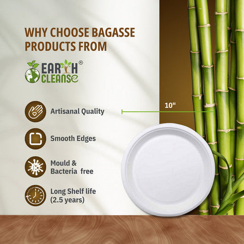 10" Round Bagasse Plates Premium 750 Pack by Earth Cleanse