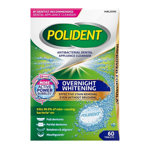 Polident, Overnight Whitening Antibacterial Dental Appliance Cleanser Tablets, 60 Tabs Polident